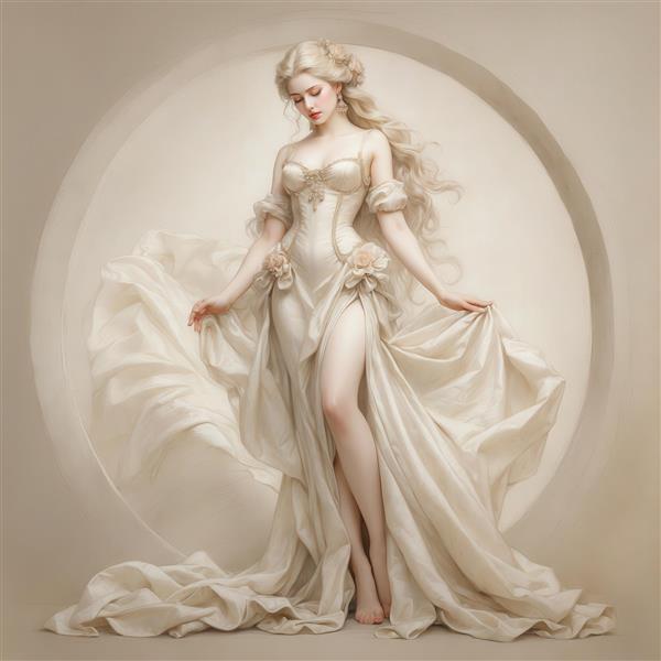 طرح زن بلوند با لباس مجلسی رمانتیک و حریر سفید برای پوستر دیواری