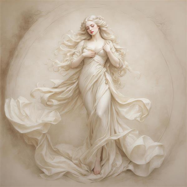 تصویر زن با لباس سفید و موی بلند در سبک نقاشی کلاسیک برای پرده