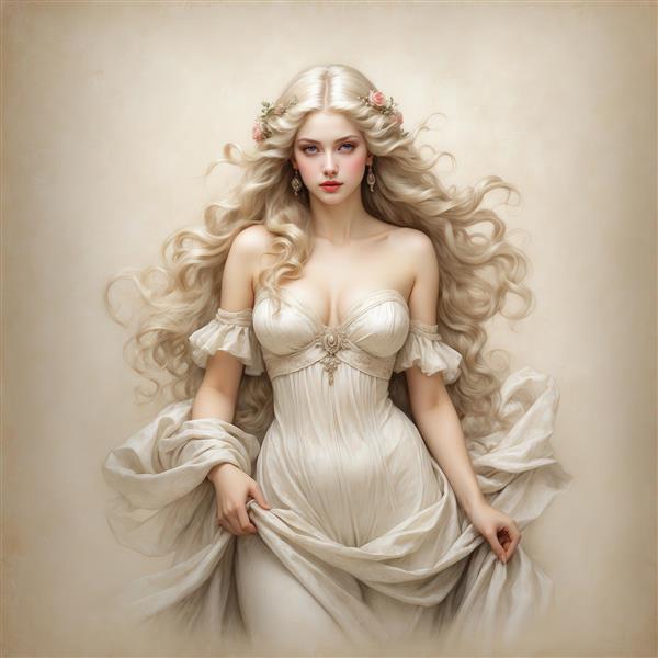 عکس زن بلوند با لباس سفید رمانتیک برای تابلو دکوراتیو پذیرایی