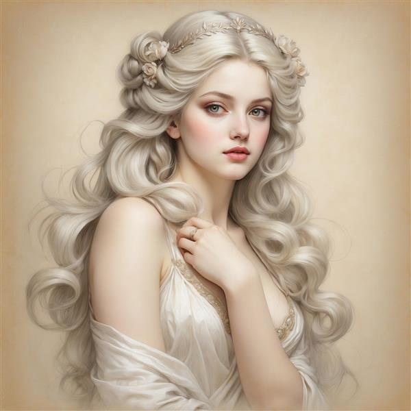 طرح پرتره زن با موی فر نقره‌ای و لباس سفید برای چاپ روی روتختی