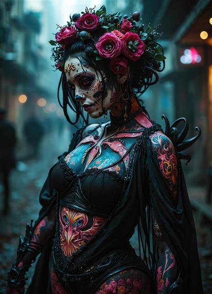 عکس زن گوتیک با آرایش جمجمه و تاج گل رز برای پوستر روز مردگان