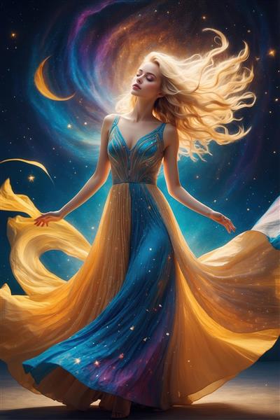 تصویر زن بلوند در لباس شب زرد و آبی با پس‌زمینه کهکشان برای پرده