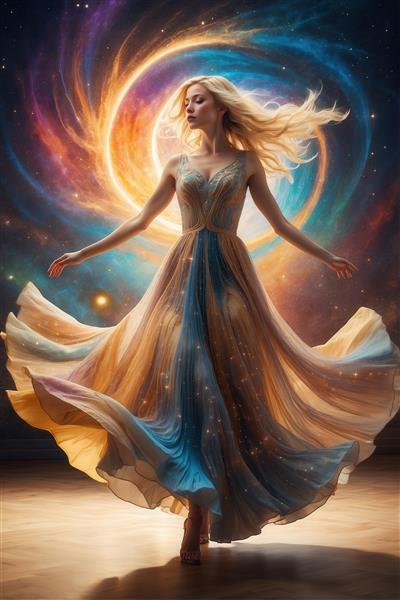 عکس زن با لباس طلایی و آبی در گرداب کیهانی برای تابلو دکوراتیو