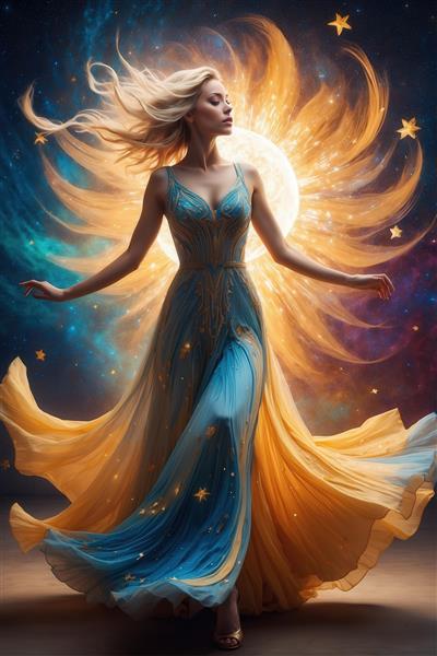 طرح زن بلوند در لباس آبی فانتزی و کهکشان نارنجی برای چاپ روی پرده
