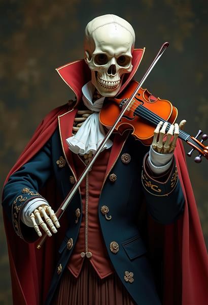 تصویر اسکلت ویولن‌زن با لباس رسمی کلاسیک برای تابلو دارک آکادمیا