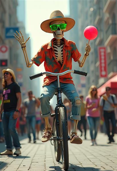 عکس اسکلت دوچرخه‌سوار کارتونی با کلاه حصیری برای پوستر اتاق نوجوان