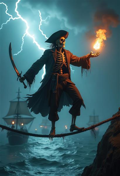 طرح اسکلت دزد دریایی شعله‌ور در دریا برای پوستر دیواری اتاق گیمینگ