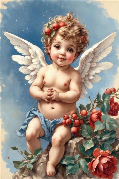 عکس فرشته کوپیدو آبرنگی با گل رز قرمز برای پوستر دیواری اتاق کودک