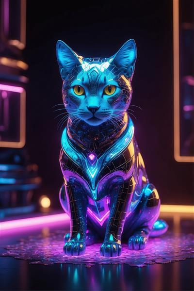 تصویر گربه رباتیک نئونی با نور بنفش و آبی برای چاپ روی ماگ و کوسن