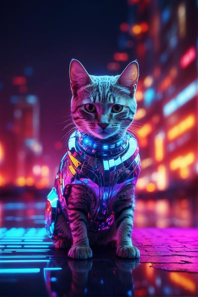 طرح بچه گربه سایبرپانک نئونی در شهر برای پوستر اتاق نوجوان فانتزی