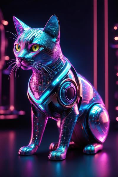 عکس گربه رباتیک سایبرپانک نئونی برای پوستر دیواری اتاق گیمینگ