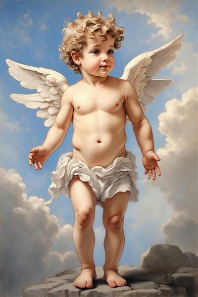 تصویر فرشته کوپیدو کلاسیک با بال سفید در آسمان برای تابلو کودکانه