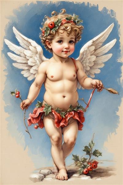 طرح فرشته کودکانه آبرنگی کریسمس با میوه قرمز برای چاپ روتختی