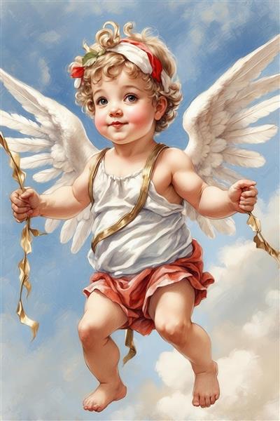 عکس فرشته کوپیدو کلاسیک با نوار طلایی برای پوستر دیواری اتاق کودک