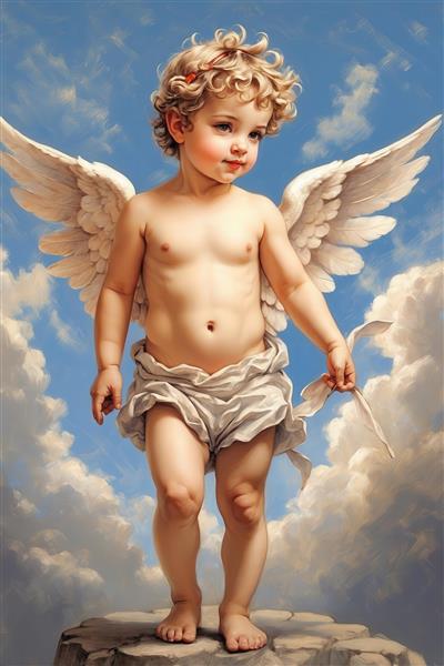 تصویر فرشته کوپیدو آبرنگی کلاسیک با بال روی صخره برای چاپ بوم