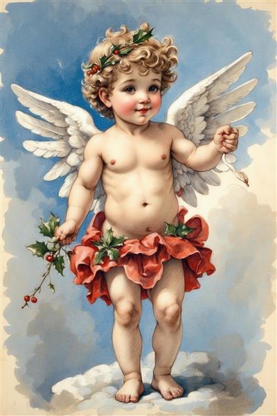 طرح فرشته کودکانه آبرنگی با برگ کریسمس برای پوستر دیواری اتاق کودک