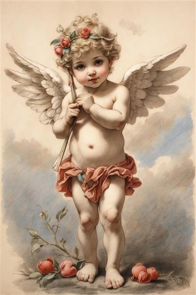 تصویر فرشته کوپیدو آبرنگی با تیر و کمان و گل برای دکوراسیون اتاق کودک