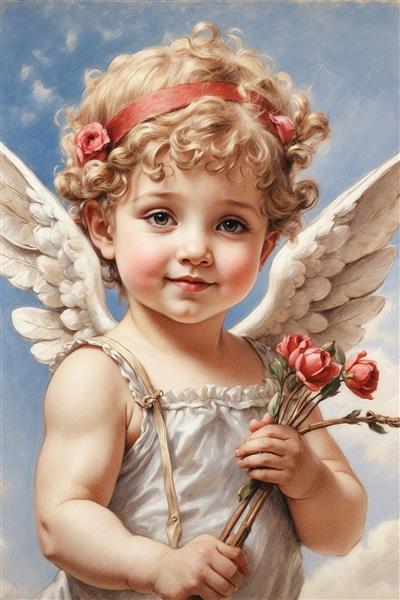طرح فرشته کوپیدو کودکانه با گل رز و بال برای چاپ روی ماگ و کوسن