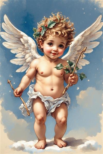 عکس فرشته کودکانه کلاسیک با شاخه گل و برگ برای پوستر اتاق کودک