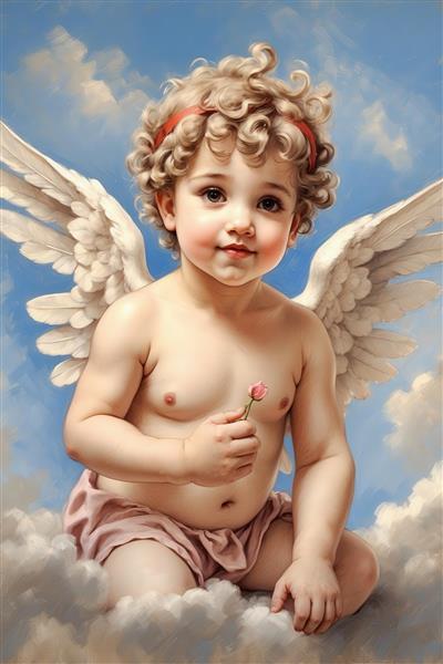 تصویر فرشته کوپیدو آبرنگی با گل رز صورتی برای چاپ روی روتختی