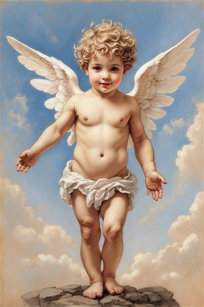 عکس فرشته کوپیدو آبرنگی کلاسیک با بال برای تابلو دکوراتیو کودکانه