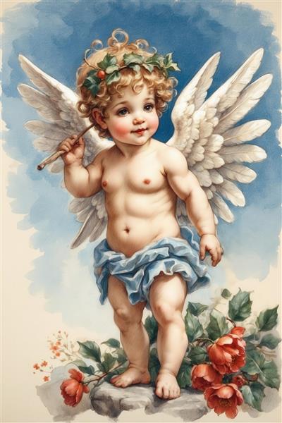 تصویر فرشته کودکانه کوپیدو کلاسیک با تاج برگ برای پوستر اتاق کودک