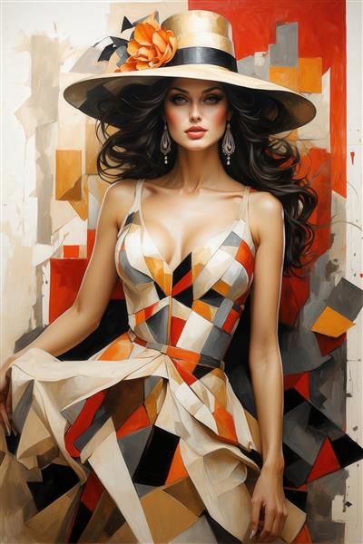 طرح زن جذاب با لباس پرجزئیات رنگی برای تابلو دکوراتیو اتاق نشیمن