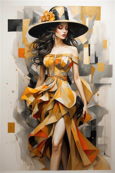 عکس زن شیک‌پوش با لباس پرجزئیات و کلاه برای پوستر دکوراتیو هندسی