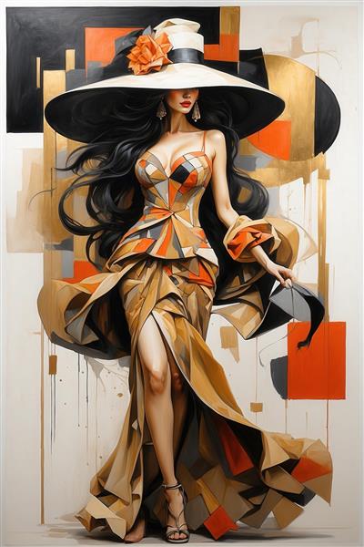 تصویر زن زیبا با لباس هندسی نارنجی و کلاه آفتابگیر برای چاپ بوم