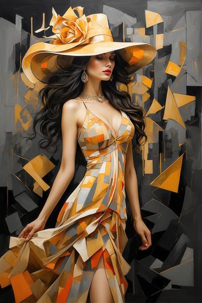طرح زن باکلاس با کلاه بزرگ و لباس طلایی برای تابلو دکوراتیو مدرن