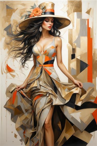 عکس زن شیک‌پوش با لباس مجلسی آبستره برای چاپ روتختی و پرده