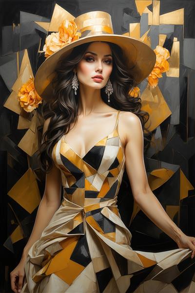 طرح زن زیبا با لباس هندسی طلایی و کلاه برای تابلو دکوراتیو اتاق نشیمن