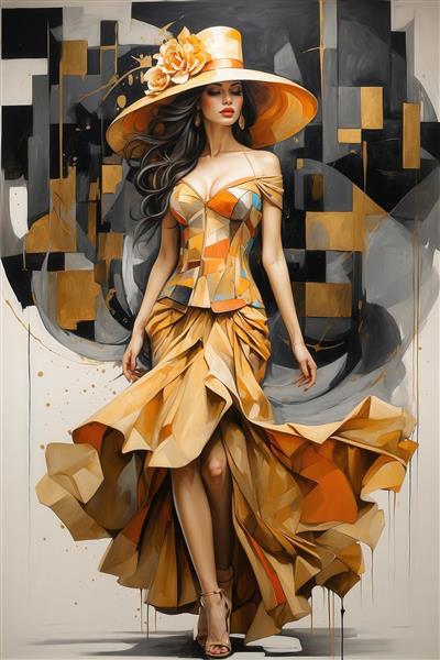 عکس زن شیک‌پوش با کلاه حصیری در سبک آبستره برای چاپ روی بوم