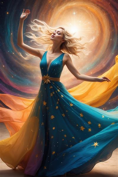 تصویر زن فانتزی با لباس مجلسی ستاره‌ای در کهکشان برای چاپ پوستر