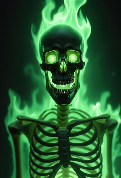 طرح اسکلت شعله‌ور سبز نئونی برای پوستر دیواری اتاق گیمینگ و نوجوان