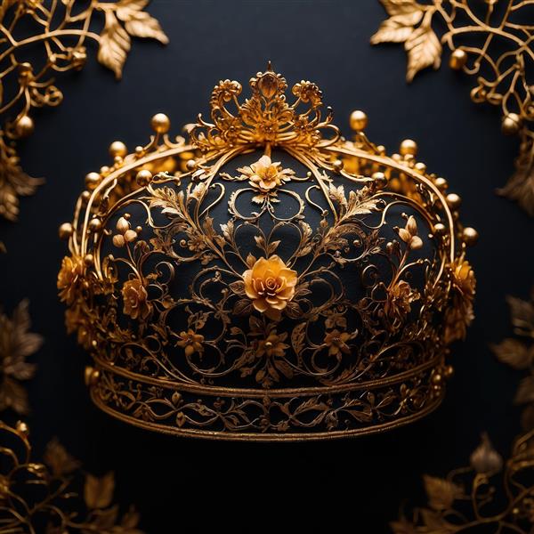عکس تاج ملکه‌ای طلایی با طرح‌های شلوغ و گل رز برای تابلو دکوراتیو