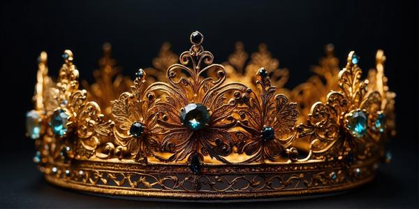 تصویر تاج پادشاهی طلایی با نگین‌های آبی فیروزه‌ای برای دکوراسیون لوکس