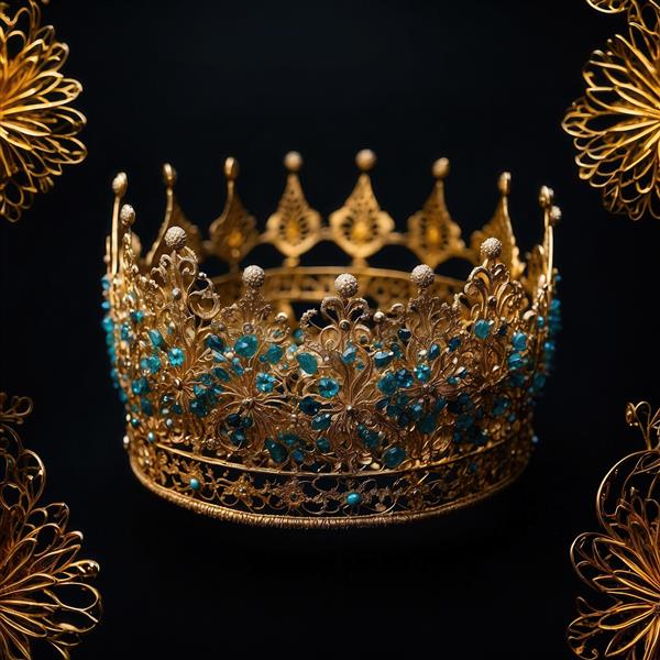 طرح تاج ملکه‌ای طلایی پر از نگین فیروزه‌ای برای چاپ روی کوسن