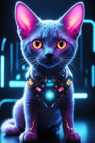عکس گربه سایبرپانک با گردنبند نئونی برای پوستر اتاق نوجوان فانتزی