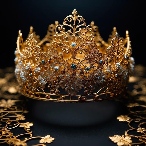 تصویر تاج سلطنتی طلایی با برگ‌های نقره‌ای و نگین برای چاپ روتختی