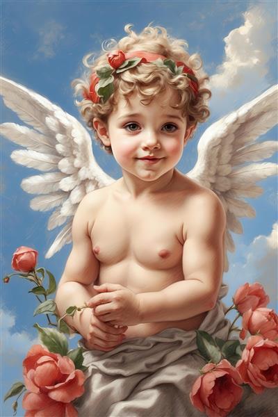 طرح فرشته کوپیدو کلاسیک با بال و گل برای پوستر دیواری اتاق کودک