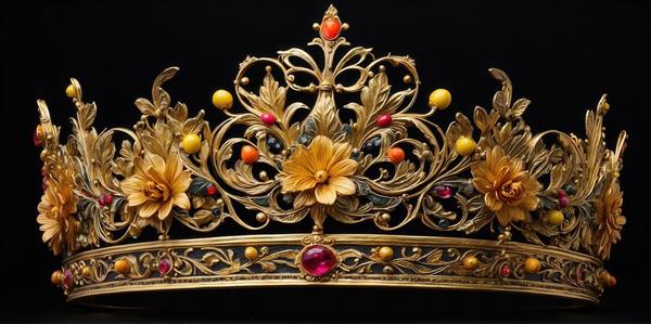 تصویر تاج ملکه‌ای طلایی پرجزئیات با گل و نگین‌های رنگی دکوراتیو
