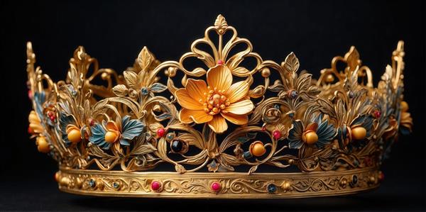 طرح تاج طلایی با گل‌های نارنجی و تزیینات قرمز و آبی برای تابلو دیواری