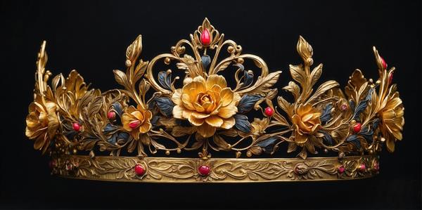 عکس تاج طلایی بزرگ با گل‌های رز زرد و یاقوت‌های کوچک قرمز برای چاپ