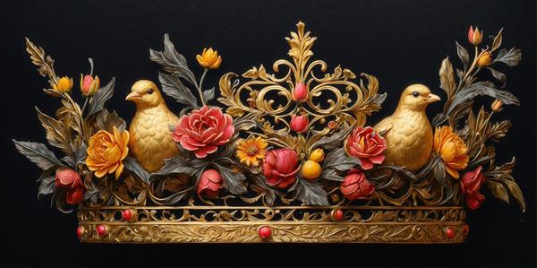 تصویر تاج فلزی دکوراتیو با پرندگان طلایی و گل‌های رز قرمز و نارنجی