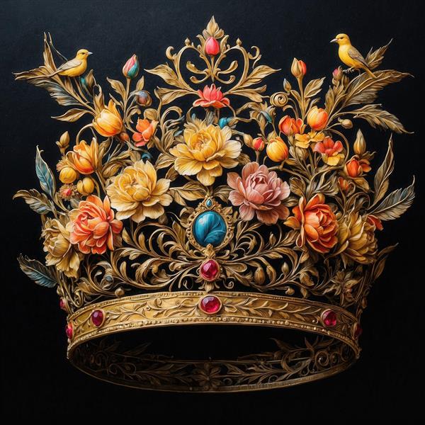 طرح تاج طلایی دکوراتیو با سنگ فیروزه‌ای و پرندگان زرد برای چاپ عریض