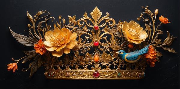 عکس تاج طلایی سلطنتی با پرنده آبی و گل‌های بزرگ نارنجی برای چاپ
