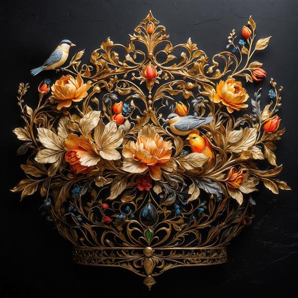 تصویر تاج بزرگ دکوراتیو با پرندگان و گل‌های طلایی برای پوستر تیره