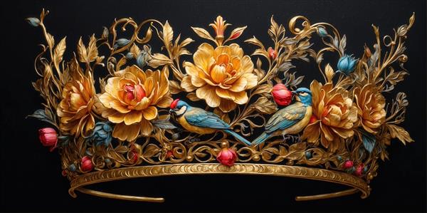 طرح تاج طلایی باکیفیت با دو پرنده آبی و گل‌های بزرگ زرد برای تابلو