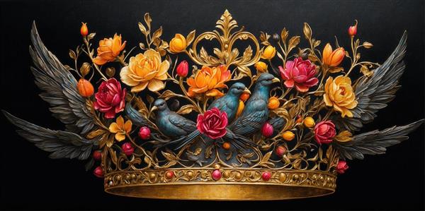 عکس تاج طلایی دکوراتیو با پرندگان بالدار و گل‌های نارنجی و قرمز